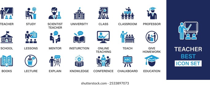 Teacher best solid icon set collection. Study, scientist teacher, university, class, professor, lessons, mentor, teach, give homework and vector illustration.