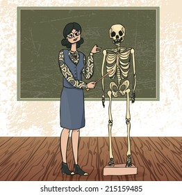 teacher of biology beside the skeleton near the blackboard vector illustration
