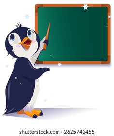Teacher bird penguin standing with pointer near green blackboard. Vector cartoon education isolated on white