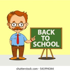 TEACHER AT THE BLACKBOARD WITH BACK TO SCHOOL LETTERING