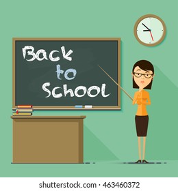 A teacher at the blackboard, books and desks. Back to school. Vector illustration in flat style isolated from the background