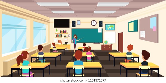 Teacher at blackboard and children at school desks in classroom. Cartoon vector illustration. School classroom with blackboard and teacher