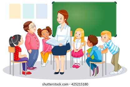 Teacher at blackboard in classroom with children