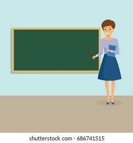  Teacher at blackboard in classroom. Vector illustration.