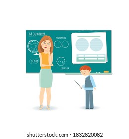 The teacher at the blackboard is dissatisfied with the knowledge of a lagging student, not learned a lesson. Cartoon vector characters.