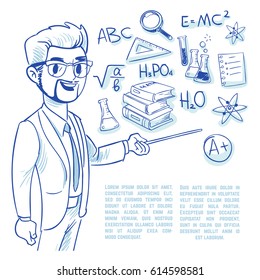 Teacher at the blackboard and education doodle icons. back to school hand drawn vector concept. Teacher with pointer, illustration of sketch school teacher