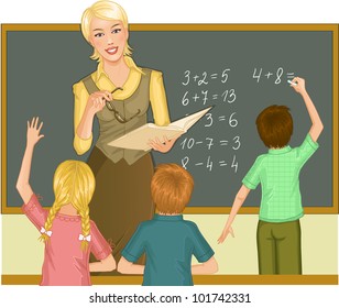 Teacher at blackboard explains children mathematics. Vector image of a young teacher in the classroom who gives a lesson of mathematics