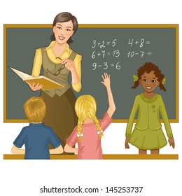 Teacher at blackboard explains children mathematics