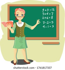 Teacher at Blackboard Explains Children Mathematics