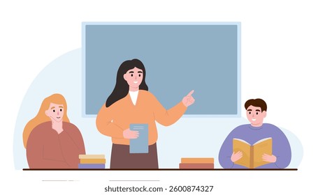 The teacher at the blackboard explains the lesson to the students. Vector flat graphics.