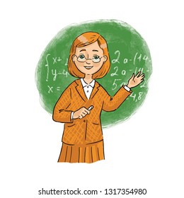 The teacher at the blackboard explains the math. Hand-drawn cartoon style. Vector