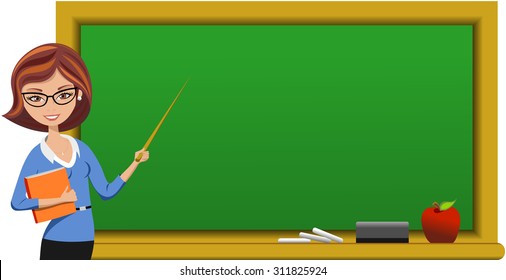 Teacher at Blackboard Holding Pointer Isolated