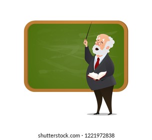 Teacher at the blackboard isolated vector cartoon character illustration. The Professor gives a lecture near the chalkboard with a book and a pointer in his hands