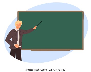 Teacher at blackboard. Man standing in front of class chalkboard. Professor explaining lesson. Professional instructor showing at classroom board. Academic training