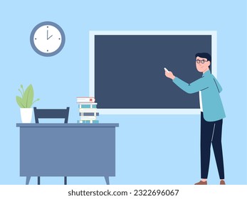 Teacher at blackboard, man teaching math in school or college. Professor standing at chalkboard, lesson time. Flat study recent vector scene