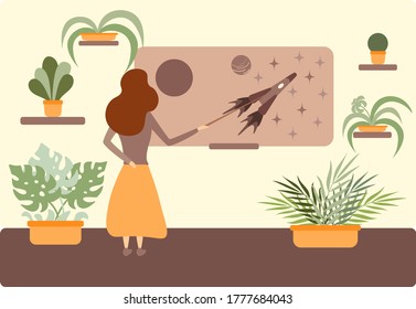 The teacher at the blackboard with a pointer explains the topic of the lesson. Teaches science about space and teaches children and students. White background flat vector style illustration stock.