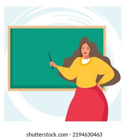 A teacher at the blackboard, showing something with a pointer. A teacher with a clean blackboard and an index stick. Back to school.