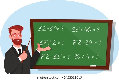 Lehrer an der Tafel unterrichtet eine Stunde, männlicher Professor unterrichtet Mathematik. Vektorillustration