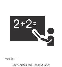 teacher at the  blackboard, teaching math icon, flat vector illustration