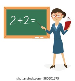 teacher at the blackboard with a textbook