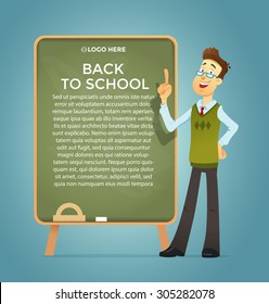 Teacher at the blackboard . Vector eps 10. Text placeholder. Banner and poster