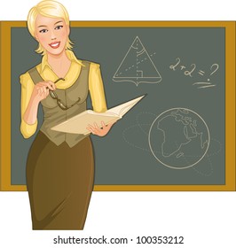 Teacher at blackboard. Vector image of a young woman teacher with book and eyeglasses in hands, on the background with blackboard