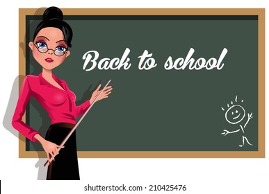 Teacher at blackboard. Vector image of a young woman teacher  school board.