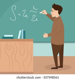 Teacher at the blackboard. Vector isolated illustration. Cartoon character.