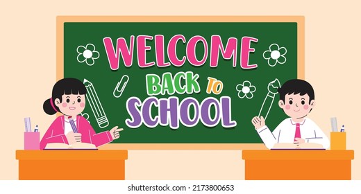 Teacher With Blackboard, Welcome Back To School Banner, Vector, Illustration