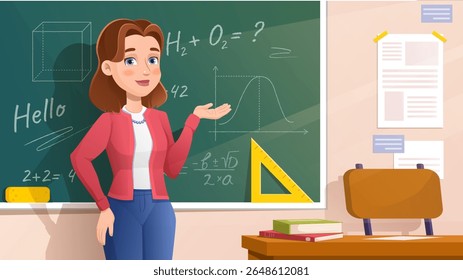 Professora na lousa. Mulher fica perto do quadro-negro com equações. Aula de matemática na escola ou na universidade. Educação, aprendizagem e formação. Professor dando aula. Ilustração de vetor de desenhos animados
