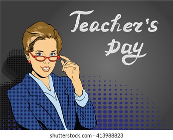 Teacher At The Blackboard. Young Beautiful Female Vector Illustration In Pop Art Style