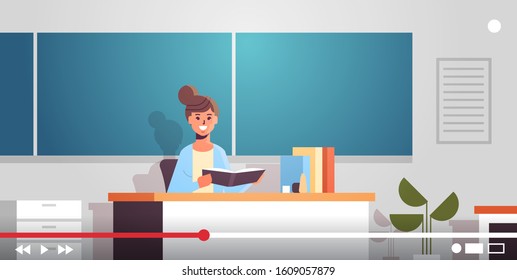 teacher blogger recording online course video tutorial e-learning live streaming concept woman tutor giving educational training portrait horizontal vector illustration