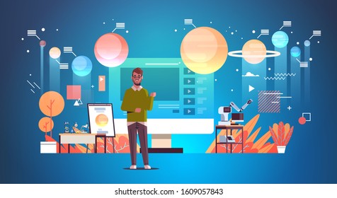 teacher blogger recording online video solar system exploration astronomy lesson blogging concept man giving educational training full length horizontal vector illustration