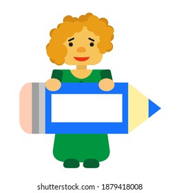 Teacher with blue pencil with frame for text
