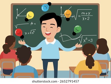 Um professor no conselho explica várias ideias para as crianças na forma de fazer malabarismos com lâmpadas coloridas