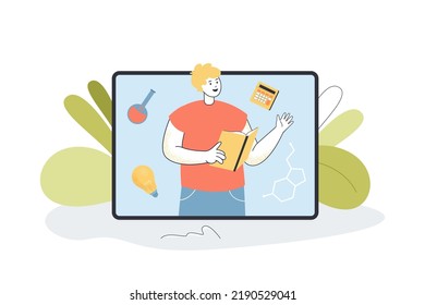 Teacher with book in hands teaching online. Man with light bulb, calculator, flask on tablet screen flat vector illustration. Digital education concept for banner, website design or landing web page