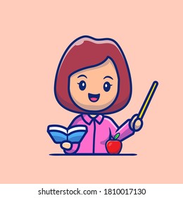 Teacher With Book And Pointer Cartoon Vector Icon Illustration. People Profession Icon Concept Isolated Premium Vector. Flat Cartoon Style