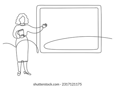 Lehrer mit Bücherzeige mit offener Hand an der Tafel. Durchgehende Zeilenzeichnung. Schule, Universität, Collage; Bildungskonzept.