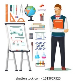 Teacher with book and school education isolated items. Lecturer or professor, ruler and marker, math compass and calculator, Newton cradle and chemistry flask, geography globe, physics blackboard.