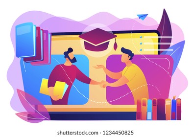 Teacher with books helping student at online lesson on laptop screen. Online tutor, on-demand homework help, english teacher online concept. Bright vibrant violet vector isolated illustration