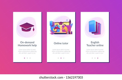 Teacher with books helping student at online lesson on laptop screen. Online tutor, on-demand homework help, english teacher online concept. Mobile UI UX GUI template, app interface wireframe