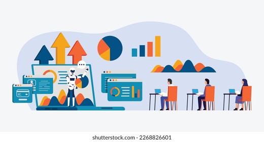 El bot docente enseña análisis financieros 2d concepto de ilustración vectorial para banner, sitio web, ilustración, página de inicio, volante, etc.