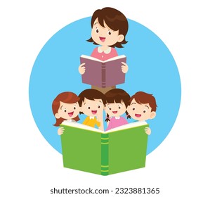 teacher with Boy and girls learning.children reading with Back to School Concept education