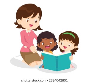 teacher with Boy and girls learning.children reading with Back to School Concept education