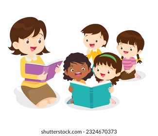 teacher with Boy and girls learning.children reading with Back to School Concept education