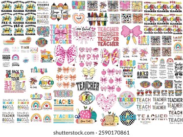 Teacher, bundle, Valentine, Coquette bow, Dalmatian dots retro Checkered, 100 days school, custom name, Life, teach love inspire, Pencil, elements, rainbow, Quote, techer, apple