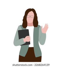 Teacher or business woman with glasses, tablet or laptop in hand isolated on white. Waving hand in greeting