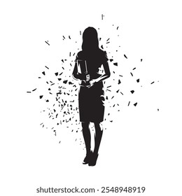 Teacher or business woman standing and holding documents, isolated distorted vector silhouette, ink drawing 