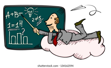 Teacher or businessman on cloud near blackboard promoting some idea