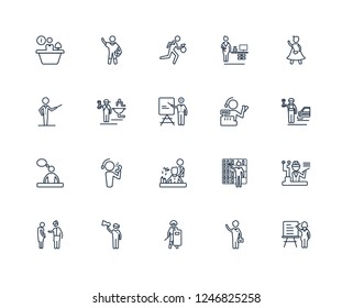 Teacher, Businessman, Swat, Marketing Manager, Obstetrician and Gynecologist, Superhero, Cashier, Hairdresser, Graphic de, Plumber, Thief outline vector icons from 20 set